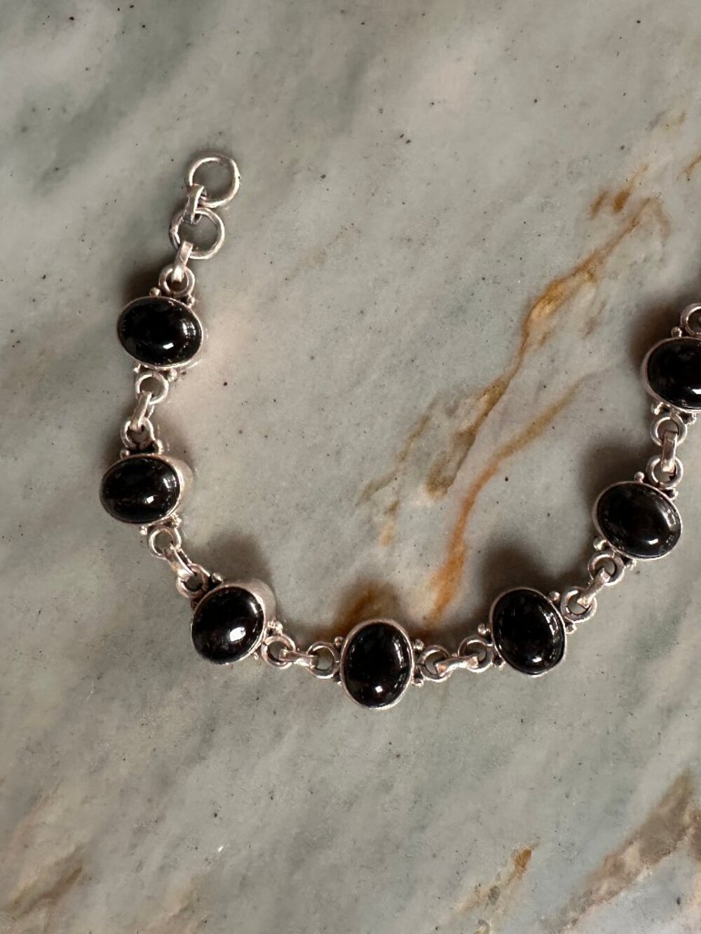 Sterling Silver 925 Black Onyx Oval Cabochon Link Bracelet 7.5"